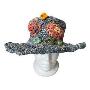 Hemp Blend Boho Bucket Hat Made in Nepal Crochet Flowers Wired One Size Adult